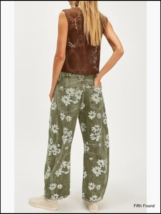 Distressed Floral Patchwork Wide Leg Jeans Mid Rise Barrel Fit - Picture 6 of 7